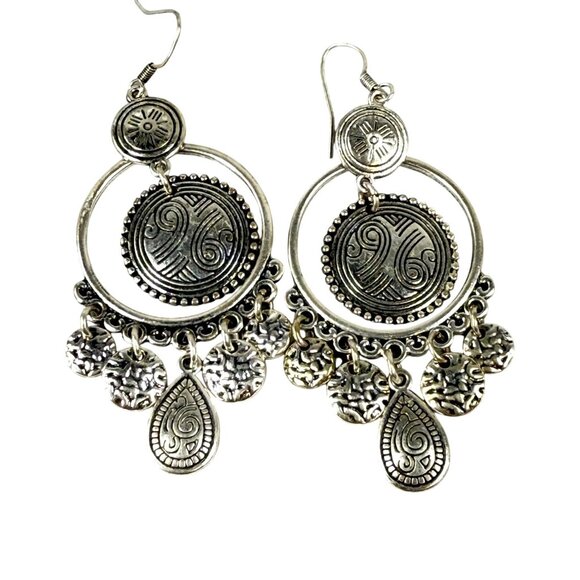 Boho Style Silver-Tone Chandelier Earrings Tribal Engraved Discs Teardrop Charms - Picture 1 of 16
